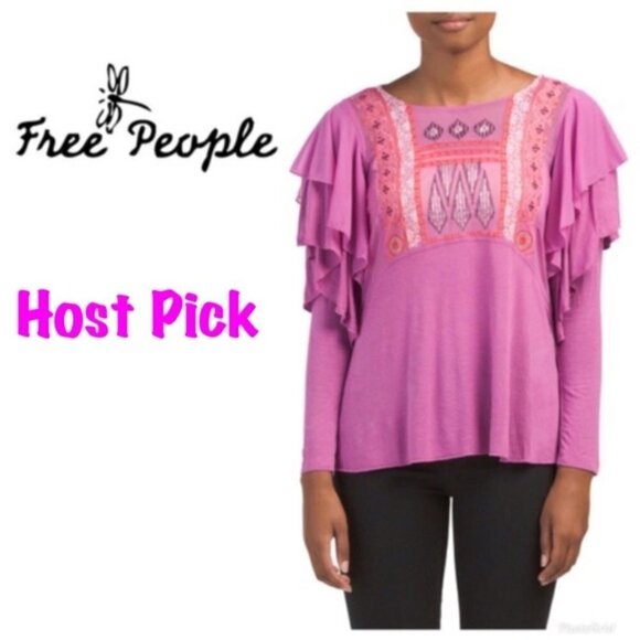 Free People Womens Purple Long Flutter Sleeve Embroidered Top Sz M New - Picture 11 of 11